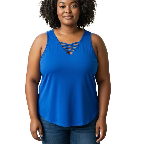7th Element Blouse Size 1X Blue Sleeveless Lace Up V Neck - Picture 1 of 4